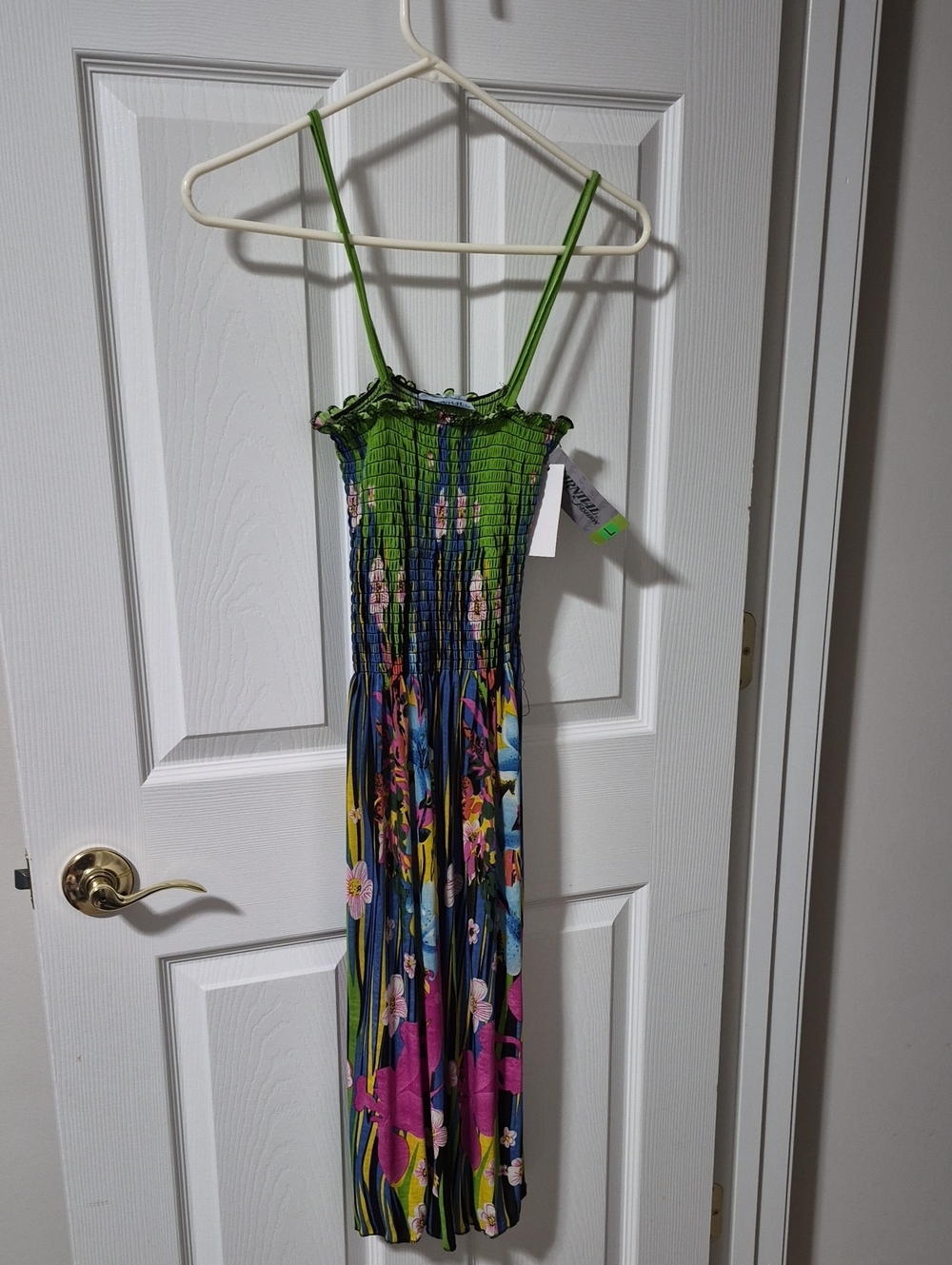 Green Floral Smocked Midi Dress with Adjustable Spaghetti Straps